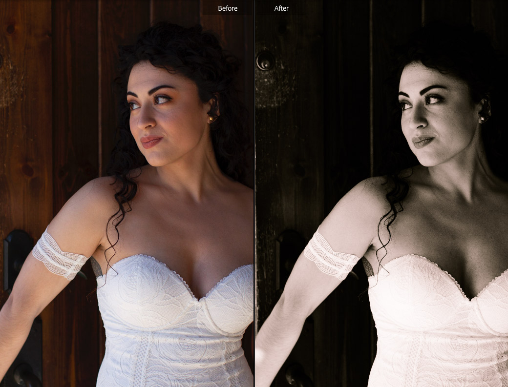 The Vows preset imparting black and white effect to wedding photos in Lightroom